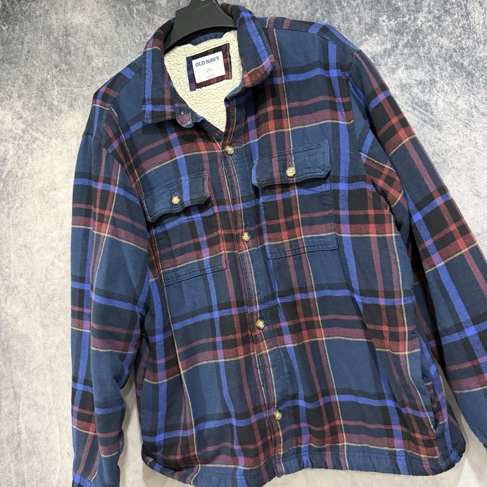 Old Navy men’s XL Sherpa-Lined Blue Plaid Flannel Shacket Button Down Heavy Work